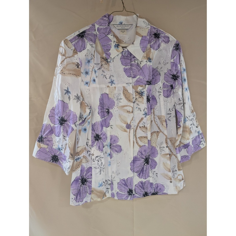 ALLISON DALEY Petite 16P Blouse White Purple Floral 3/4 Sleeve Button Eyelet - Picture 1 of 3